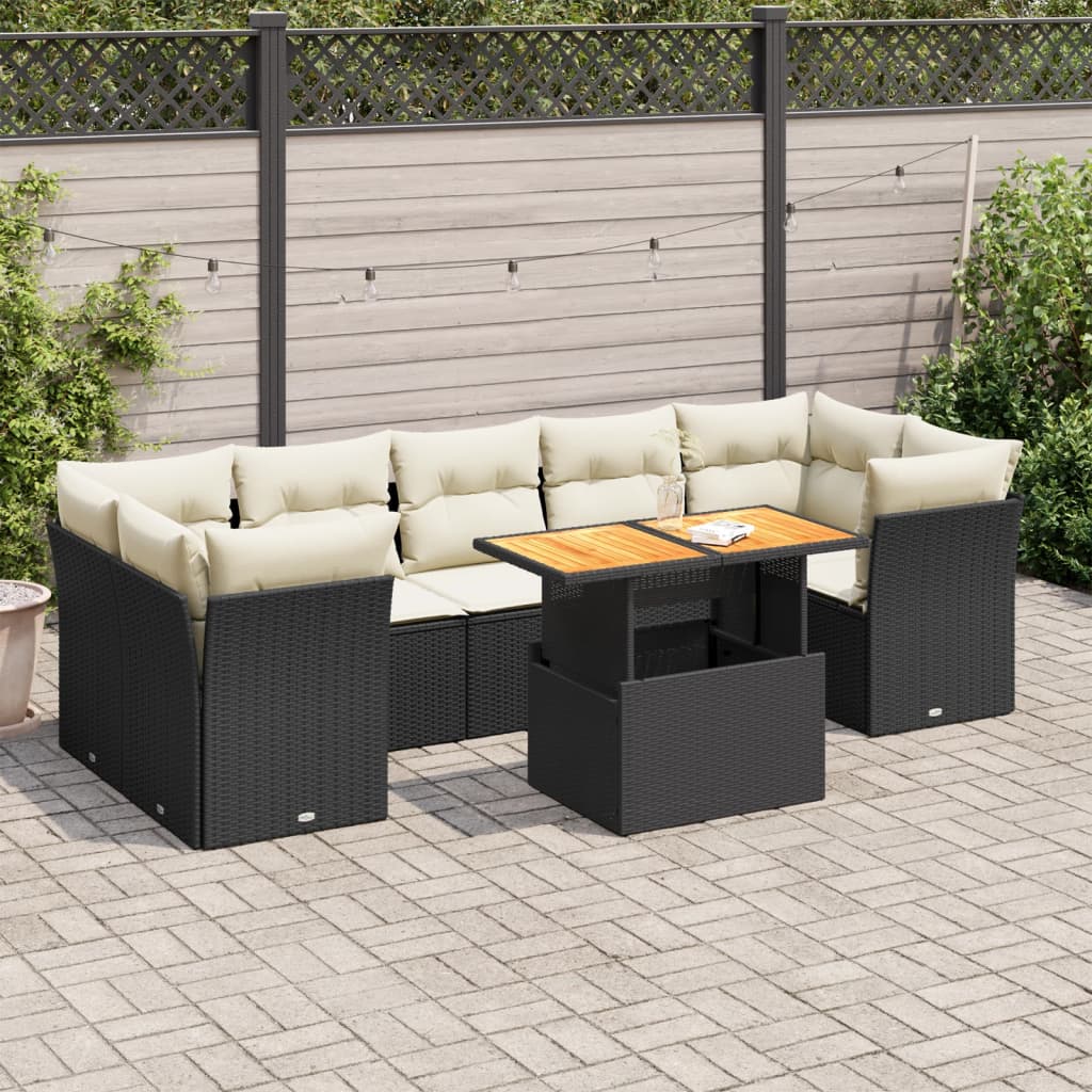 vidaXL 8-tlg. Garten-Sofagarnitur mit Kissen Schwarz Poly Rattan