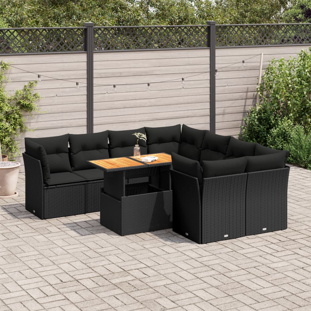 vidaXL Set mobilier de grădină cu perne, 9 piese, negru, poliratan