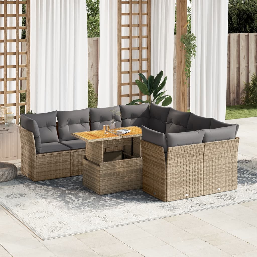 vidaXL 9-tlg. Garten-Sofagarnitur mit Kissen Beige Poly Rattan