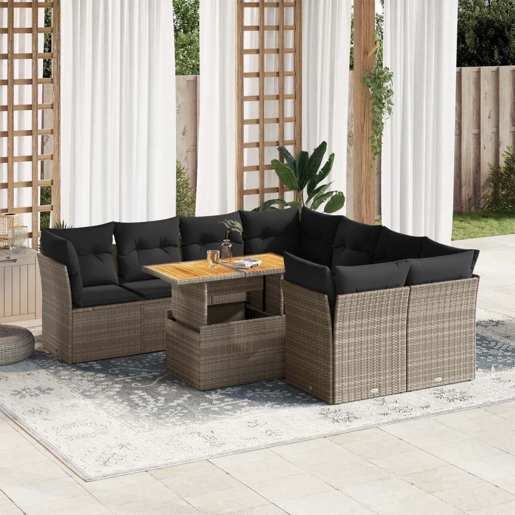 vidaXL 9-tlg. Garten-Sofagarnitur mit Kissen Grau Poly Rattan