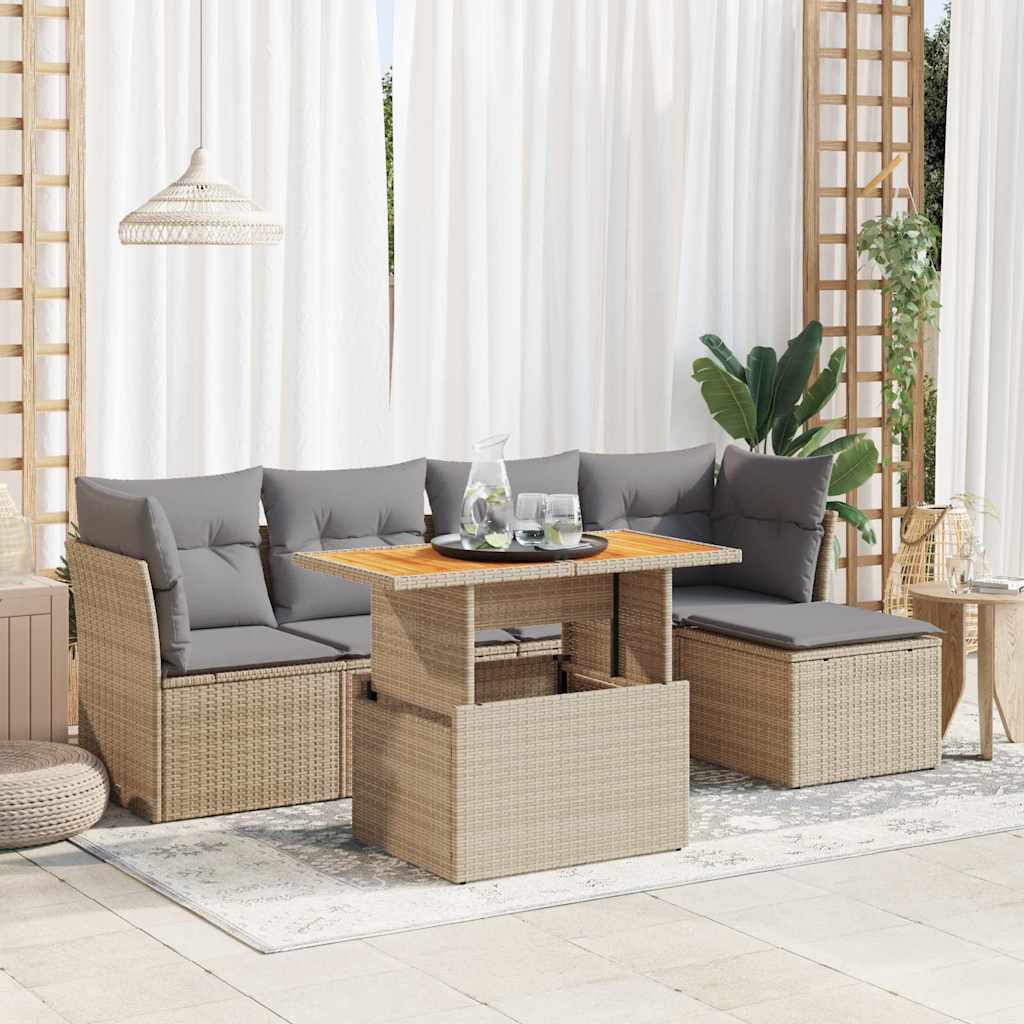 vidaXL 6-tlg. Garten-Sofagarnitur mit Kissen Beige Poly Rattan