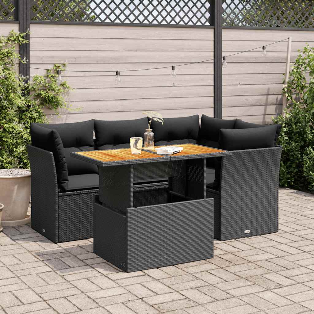 vidaXL 5-tlg. Garten-Sofagarnitur mit Kissen Schwarz Poly Rattan