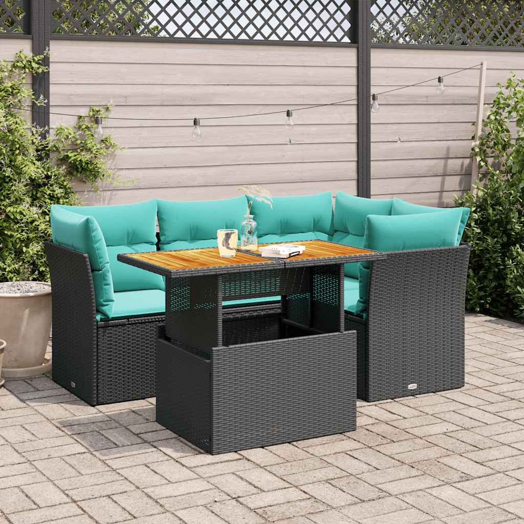vidaXL 5-tlg. Garten-Sofagarnitur mit Kissen Schwarz Poly Rattan