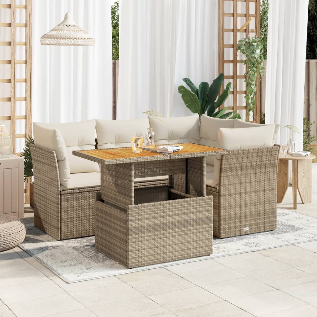 vidaXL 5-tlg. Garten-Sofagarnitur mit Kissen Beige Poly Rattan