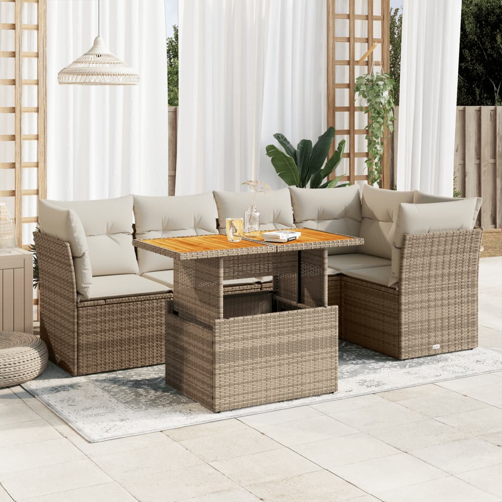 vidaXL 6-tlg. Garten-Sofagarnitur mit Kissen Beige Poly Rattan