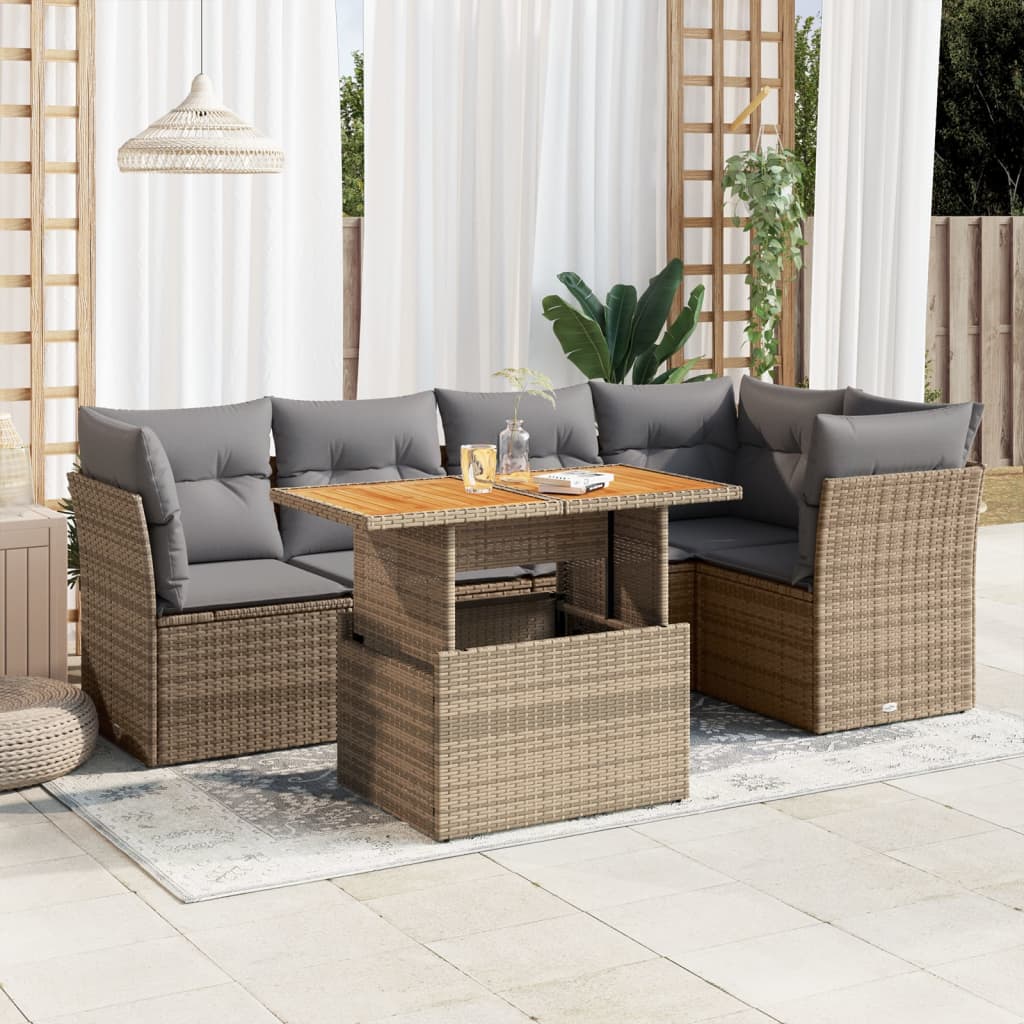 vidaXL 6-tlg. Garten-Sofagarnitur mit Kissen Beige Poly Rattan