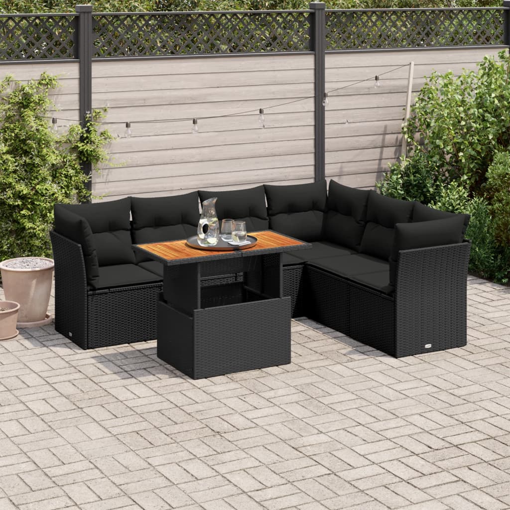 vidaXL 7-tlg. Garten-Sofagarnitur mit Kissen Schwarz Poly Rattan