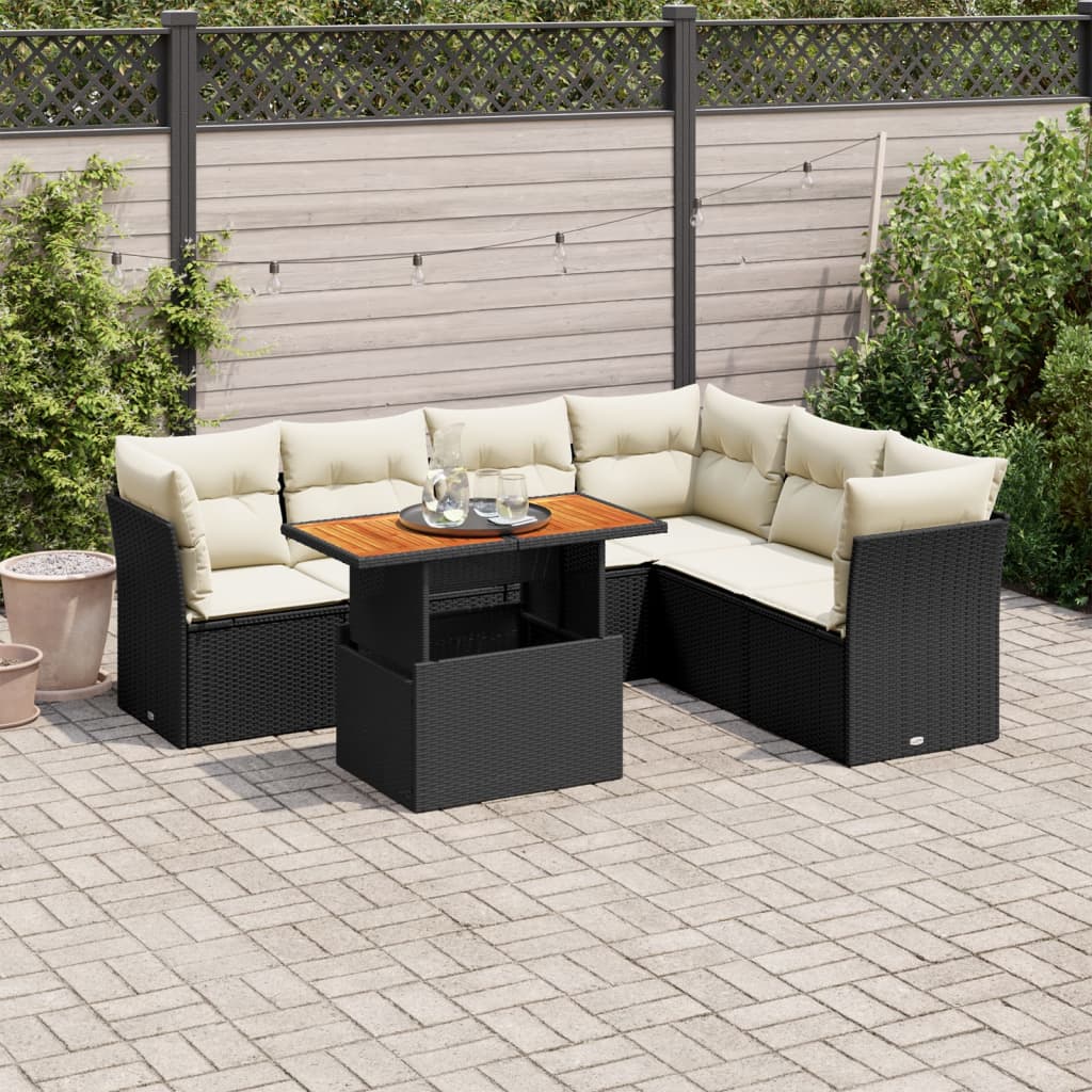 vidaXL 7-tlg. Garten-Sofagarnitur mit Kissen Schwarz Poly Rattan