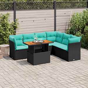 Vrtna sedežna garnitura 7-delna z blazinami črn poli ratan