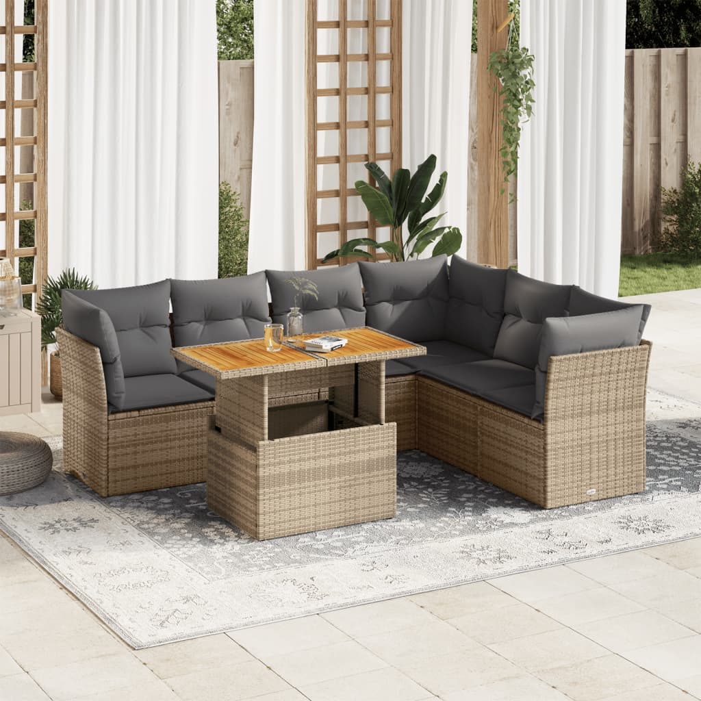 vidaXL 7-tlg. Garten-Sofagarnitur mit Kissen Beige Poly Rattan