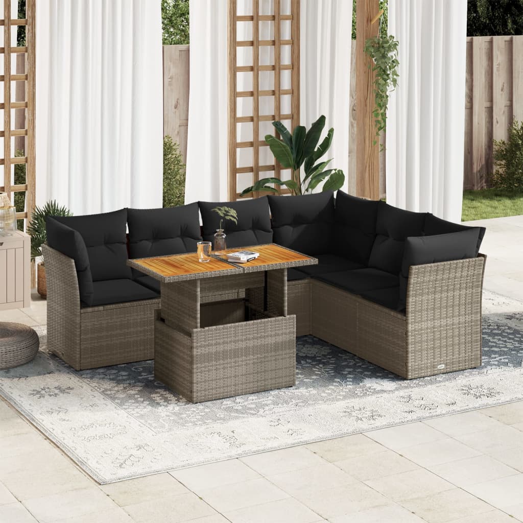 vidaXL 7-tlg. Garten-Sofagarnitur mit Kissen Grau Poly Rattan