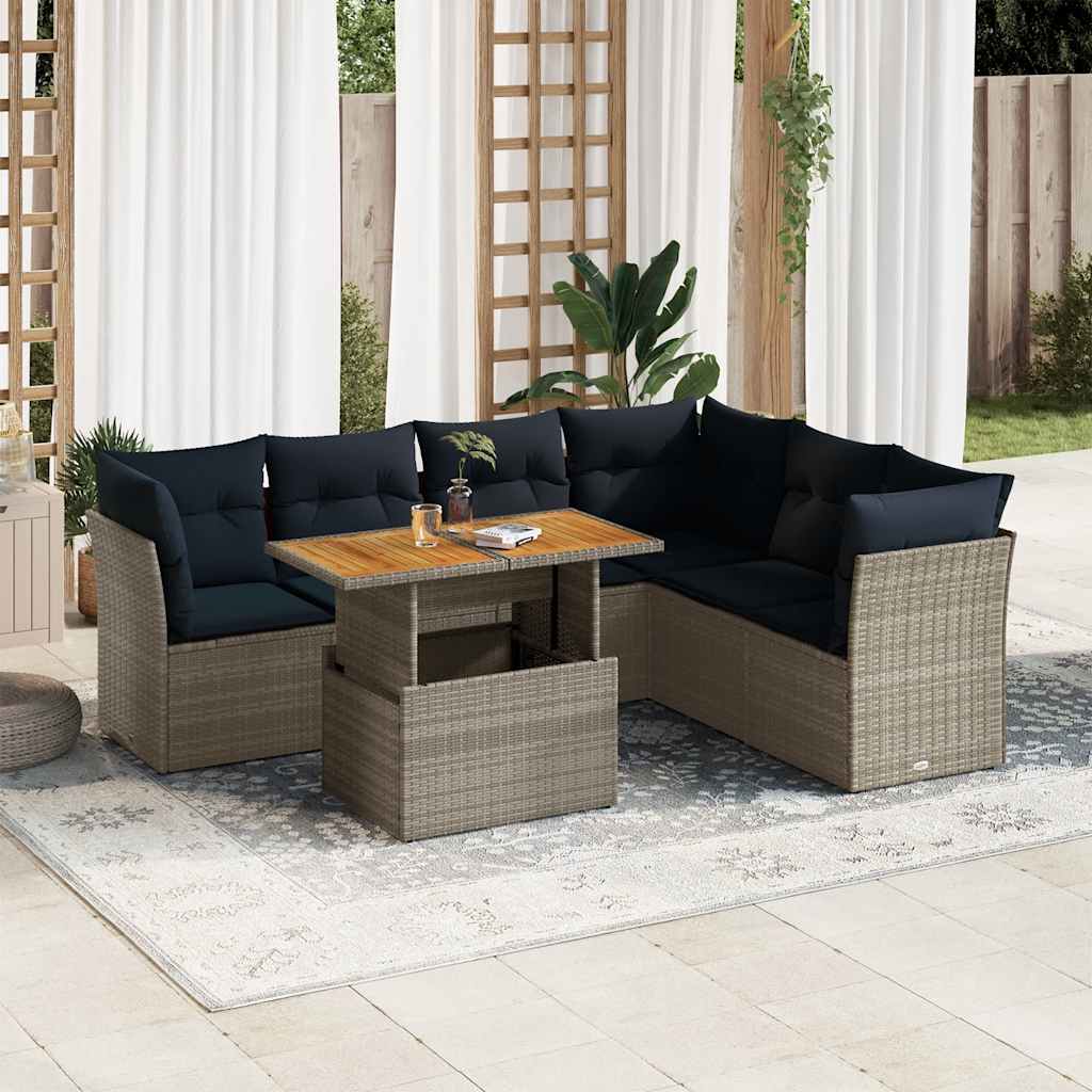 vidaXL Set canapele de grădină, 7 piese, cu perne, gri, poliratan