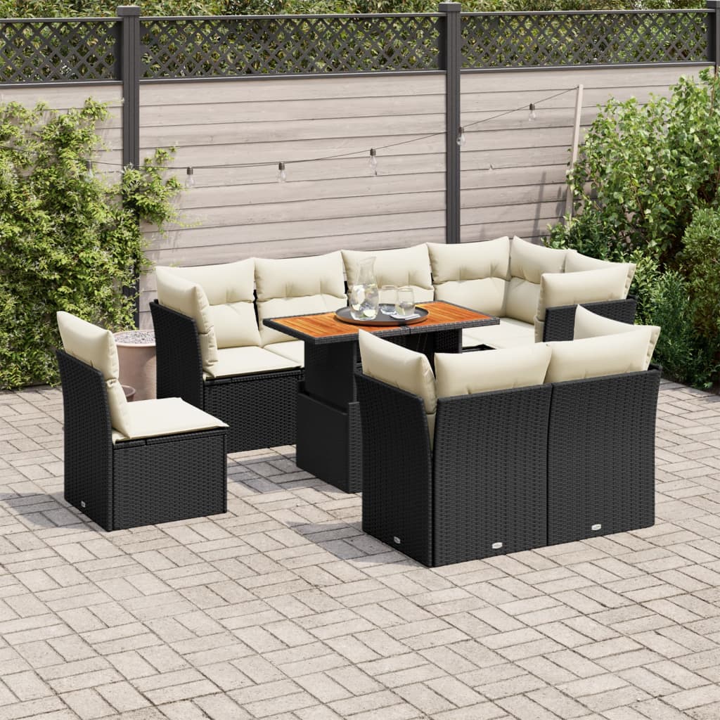 vidaXL 9-tlg. Garten-Sofagarnitur mit Kissen Schwarz Poly Rattan