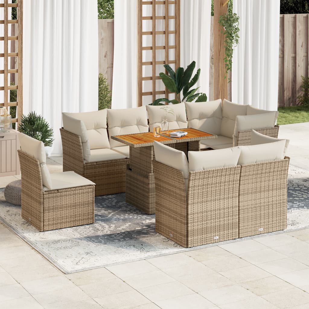 vidaXL 9-tlg. Garten-Sofagarnitur mit Kissen Beige Poly Rattan