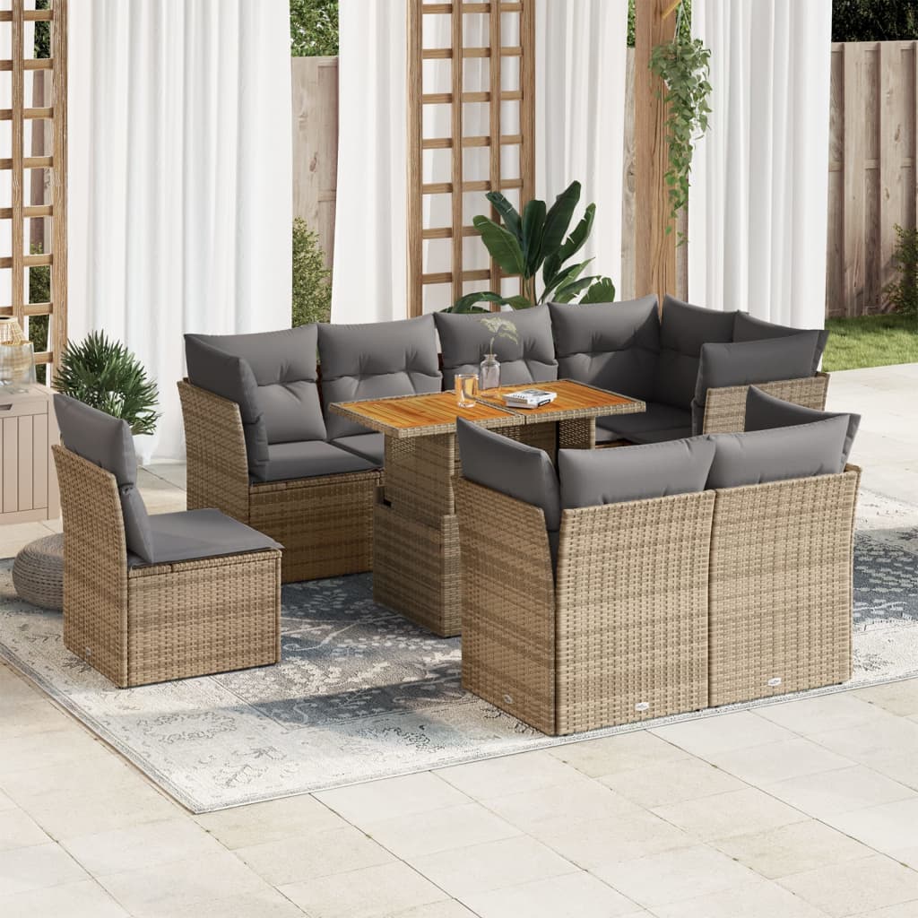 9-tlg. Garten-Sofagarnitur mit Kissen Beige Poly Rattan