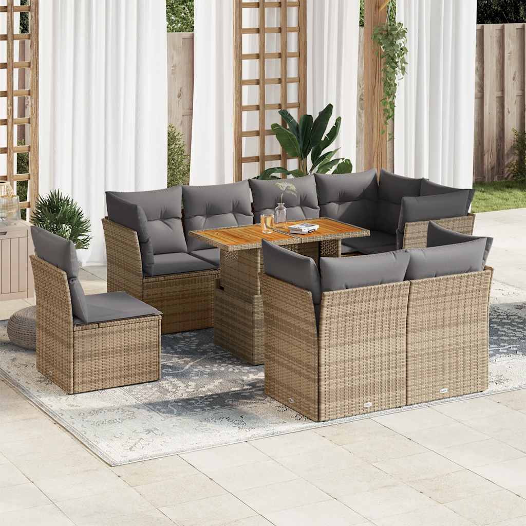 vidaXL Set canapele de grădină, 9 piese, cu perne, bej, poliratan