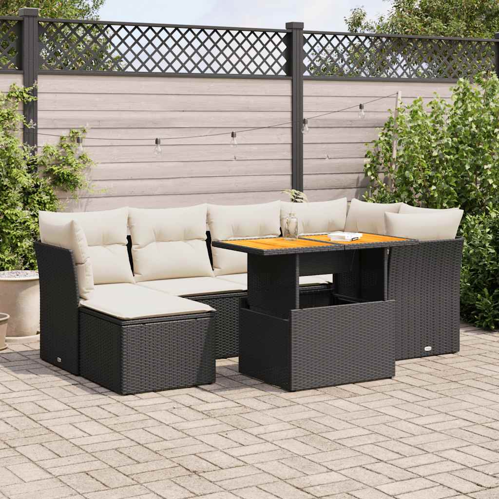 vidaXL 7-tlg. Garten-Sofagarnitur mit Kissen Schwarz Poly Rattan