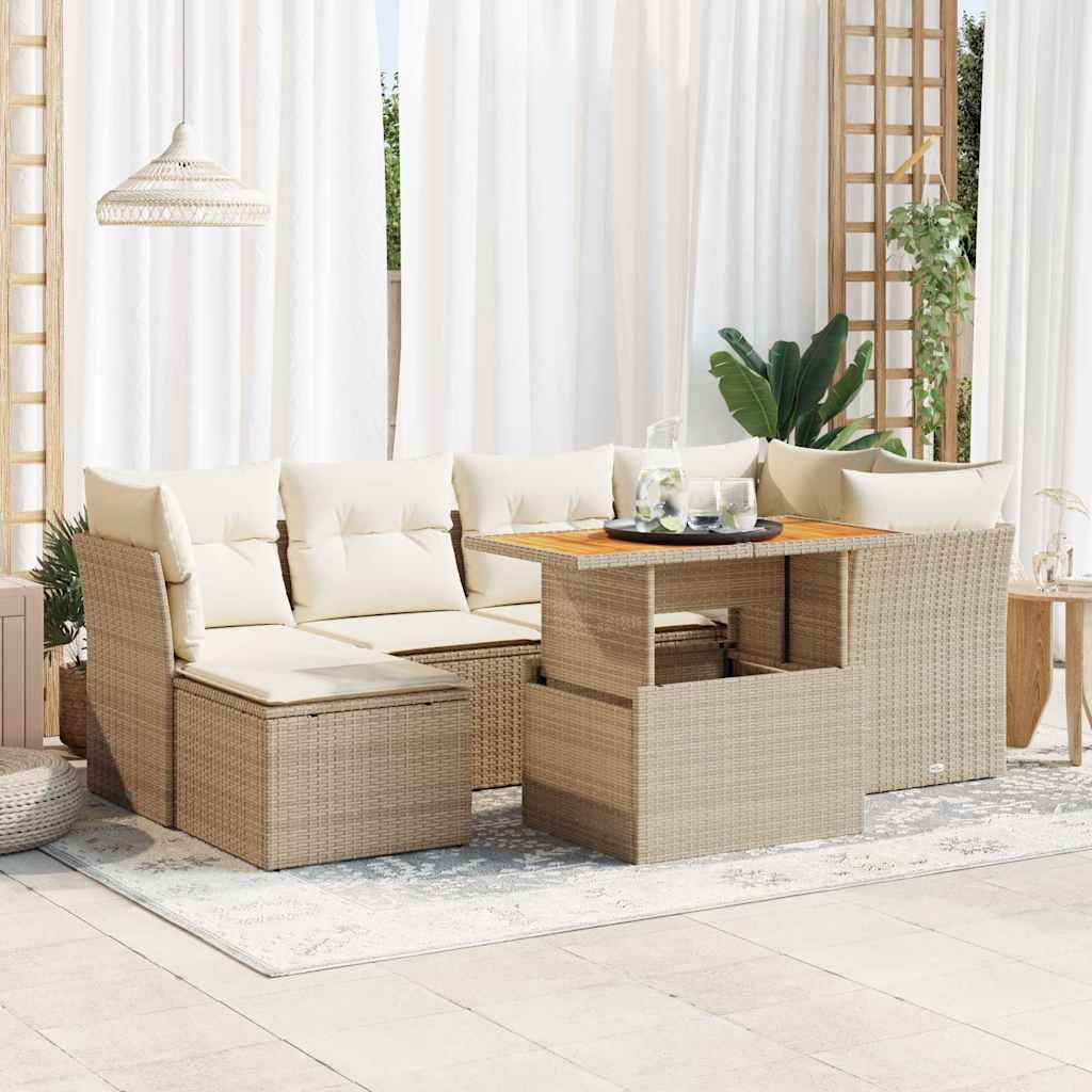 vidaXL 7-tlg. Garten-Sofagarnitur mit Kissen Beige Poly Rattan