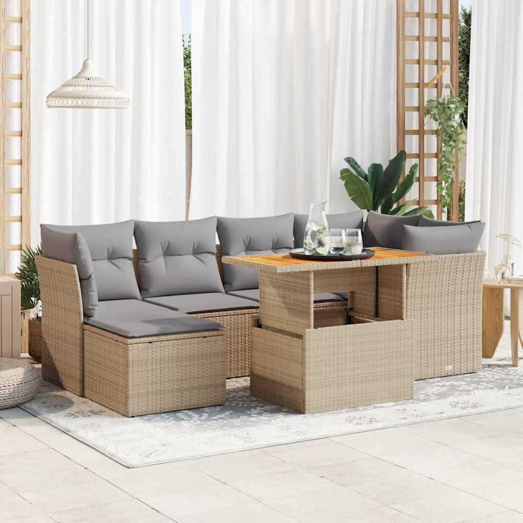 vidaXL 7-tlg. Garten-Sofagarnitur mit Kissen Beige Poly Rattan