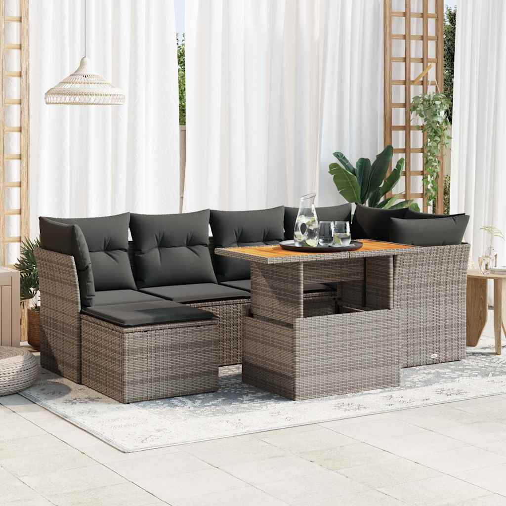 vidaXL 7-tlg. Garten-Sofagarnitur mit Kissen Grau Poly Rattan