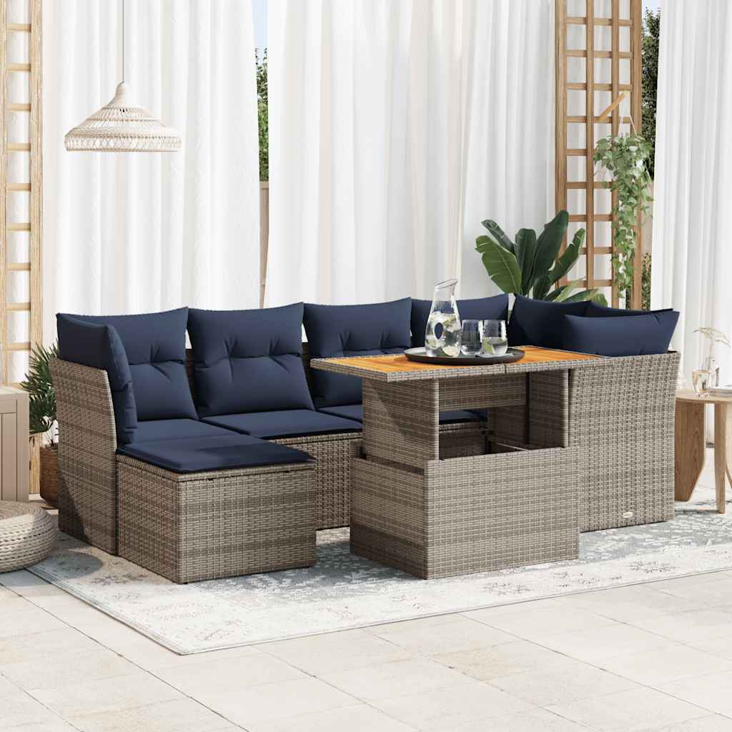 vidaXL 7-tlg. Garten-Sofagarnitur mit Kissen Grau Poly Rattan