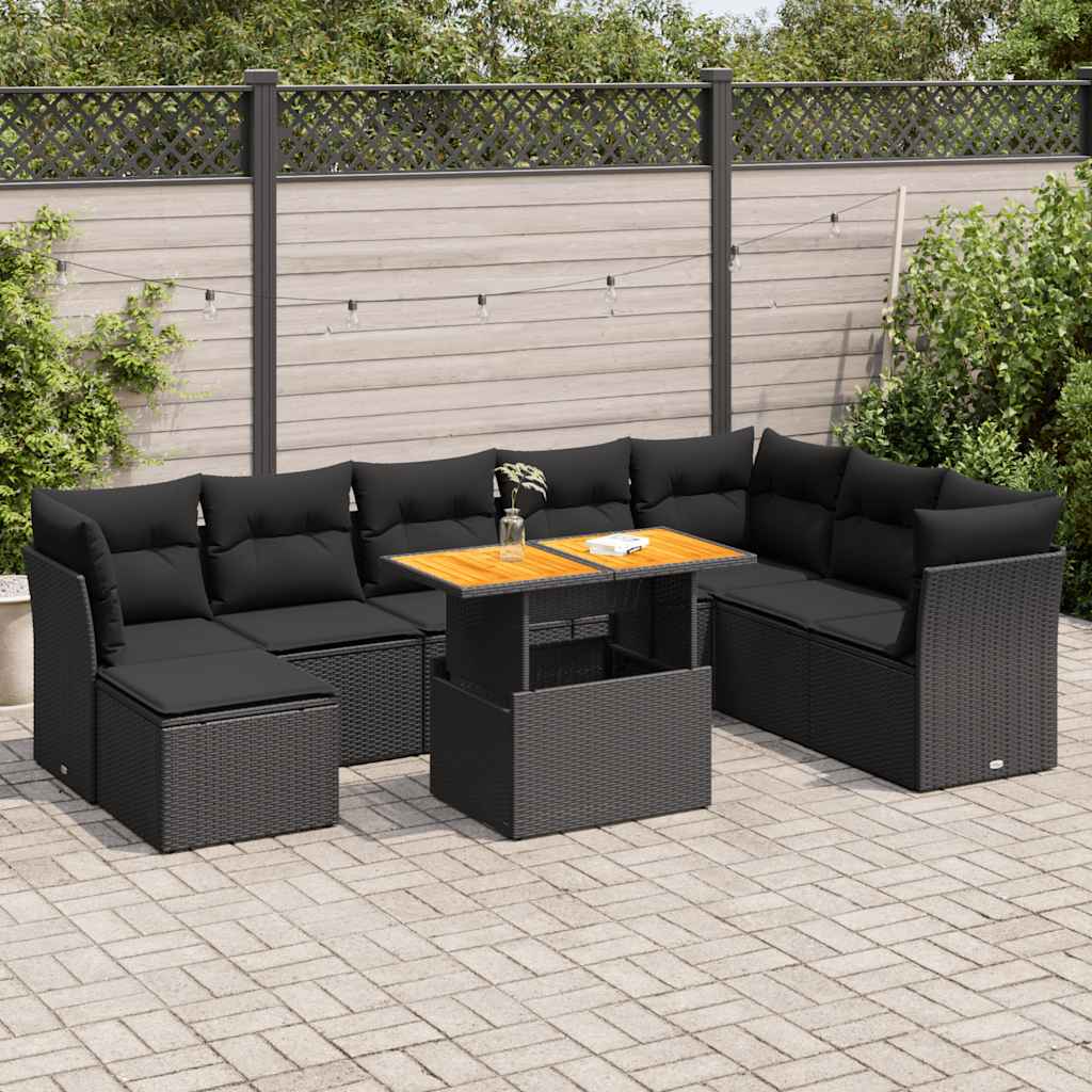 vidaXL Set mobilier de grădină cu perne, 9 piese, negru, poliratan