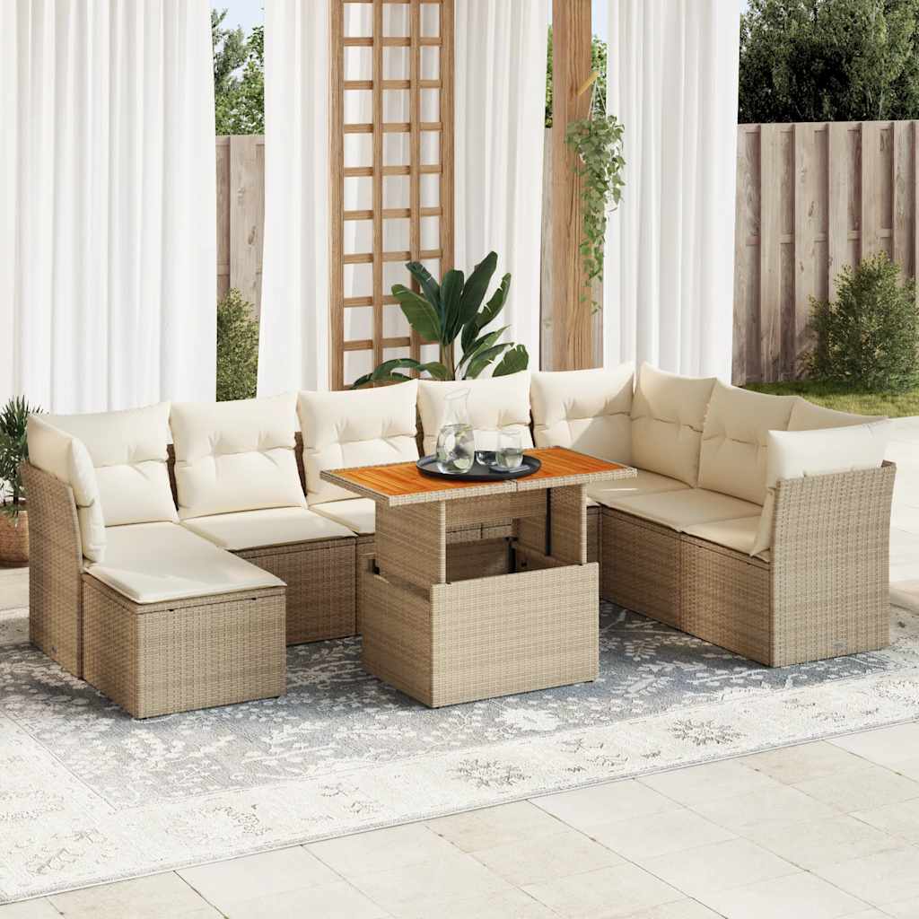 vidaXL Set canapele de grădină, 9 piese, cu perne, bej, poliratan