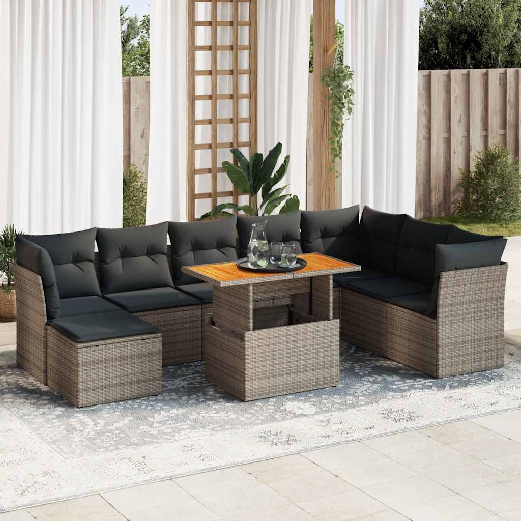 vidaXL 9-tlg. Garten-Sofagarnitur mit Kissen Grau Poly Rattan