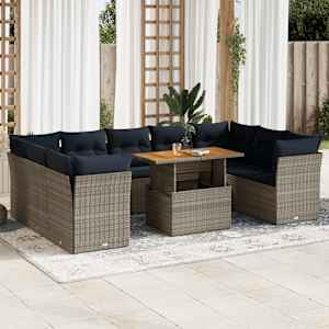 Vrtna sedežna garnitura 10-delna z blazinami siv poli ratan