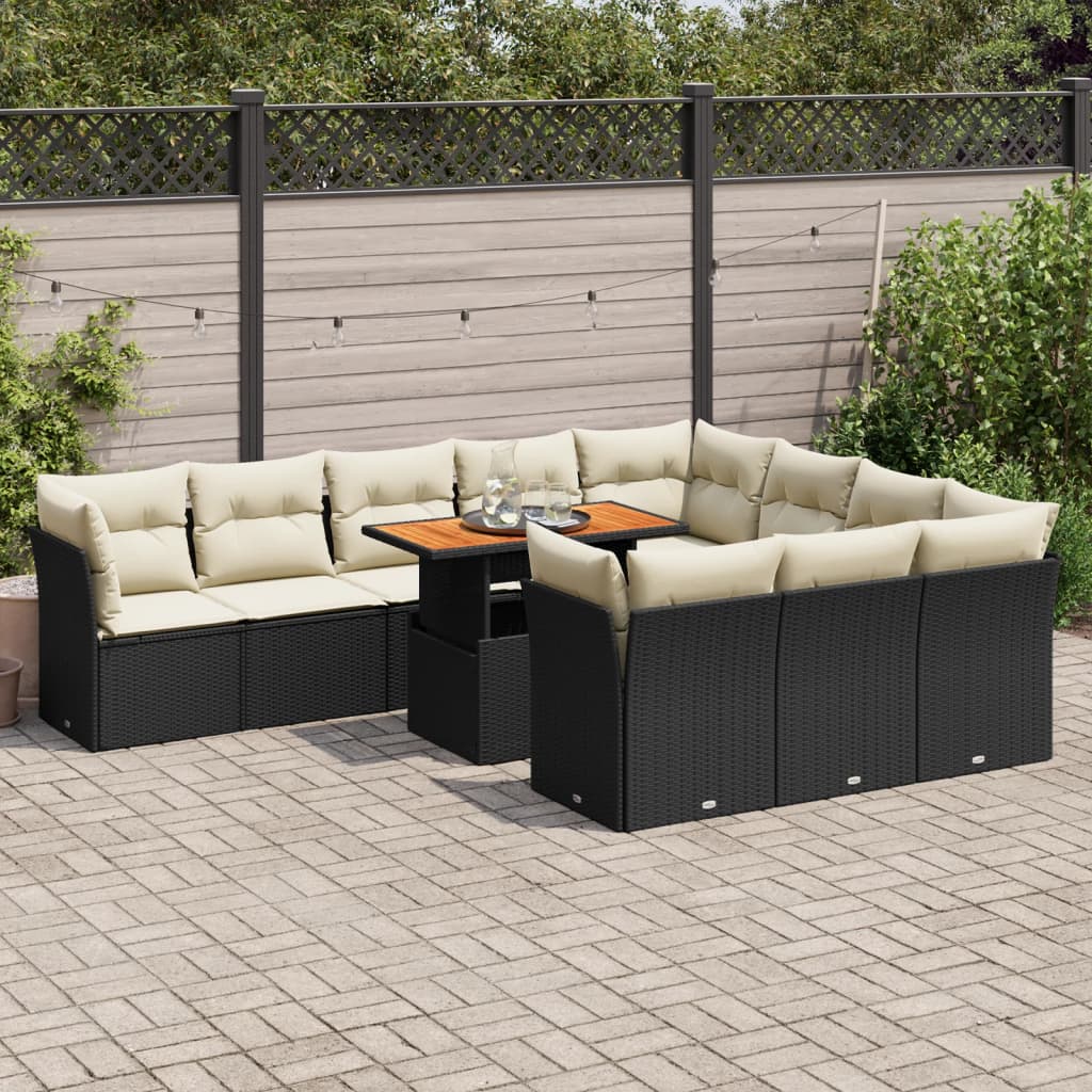 11-tlg. Garten-Sofagarnitur mit Kissen Schwarz Poly Rattan