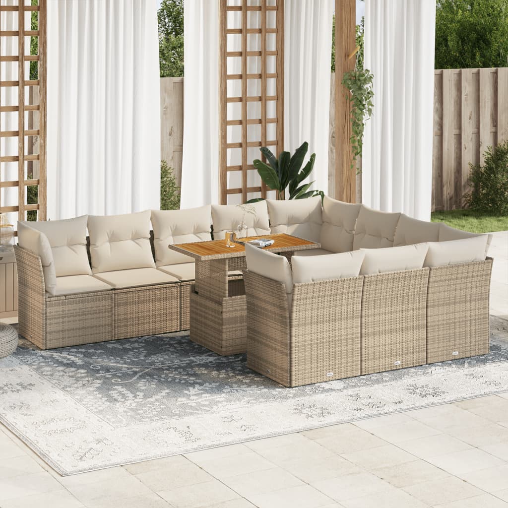 vidaXL 11-tlg. Garten-Sofagarnitur mit Kissen Beige Poly Rattan