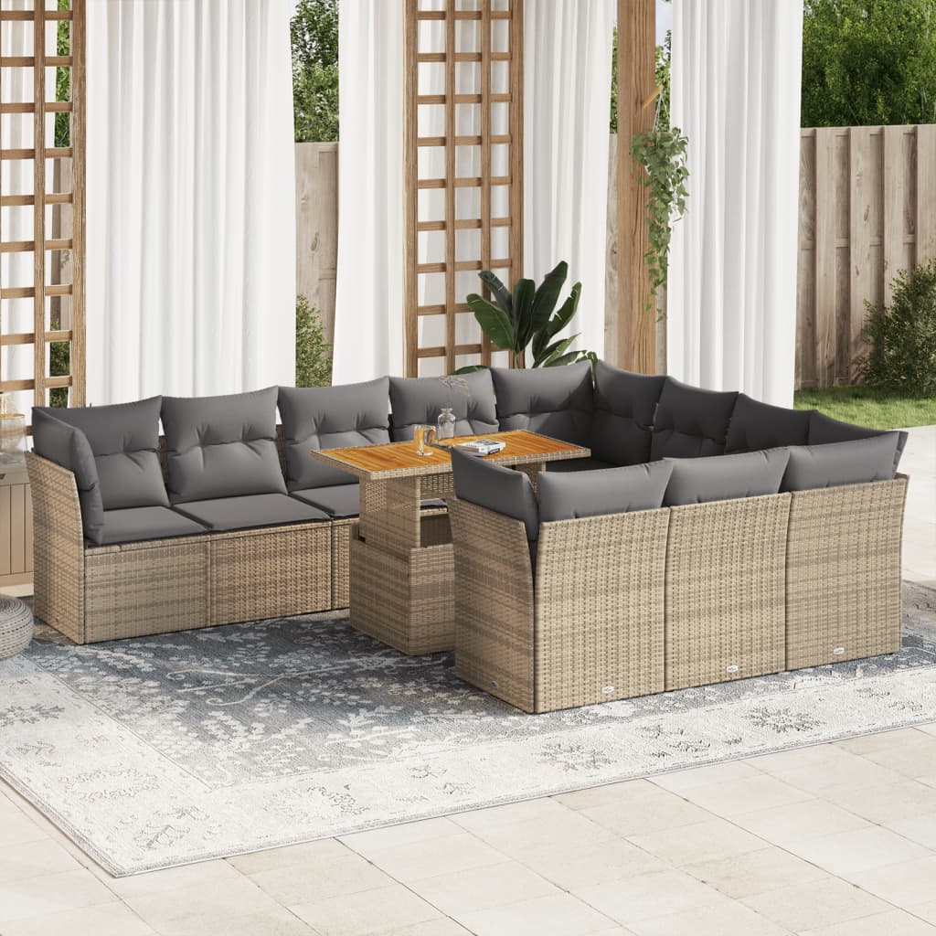 vidaXL 11-tlg. Garten-Sofagarnitur mit Kissen Beige Poly Rattan