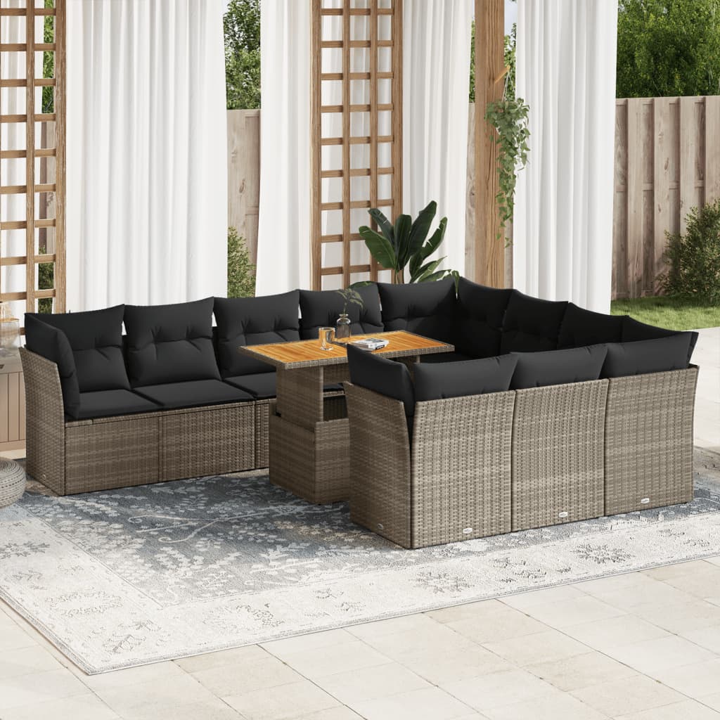 vidaXL 11-tlg. Garten-Sofagarnitur mit Kissen Grau Poly Rattan