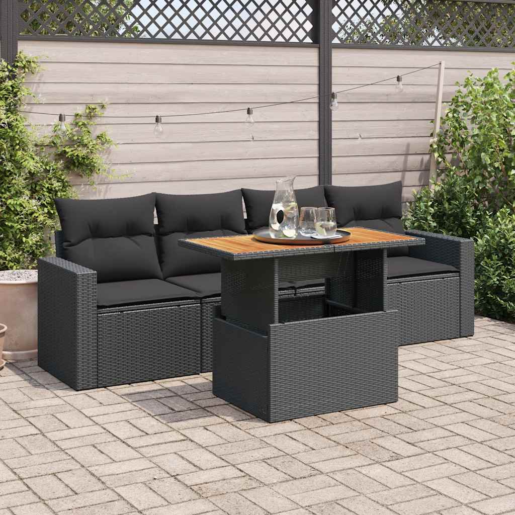 vidaXL 5-tlg. Garten-Sofagarnitur mit Kissen Schwarz Poly Rattan