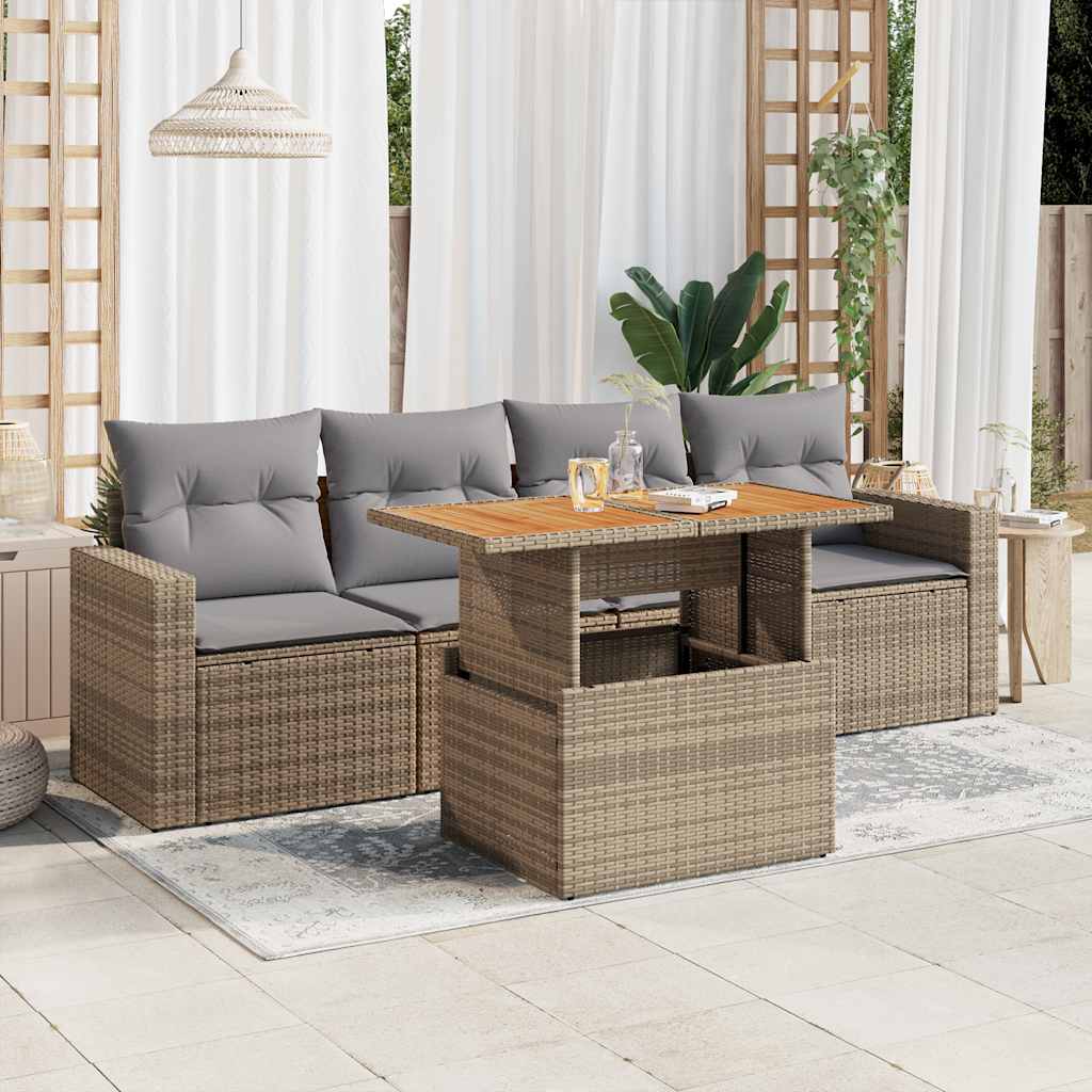 vidaXL 5-tlg. Garten-Sofagarnitur mit Kissen Beige Poly Rattan