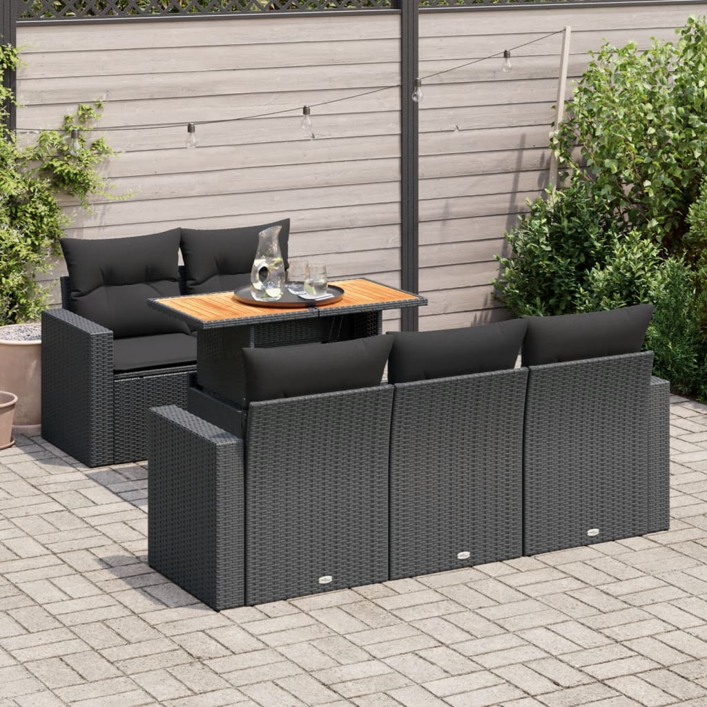 vidaXL 6-tlg. Garten-Sofagarnitur mit Kissen Schwarz Poly Rattan