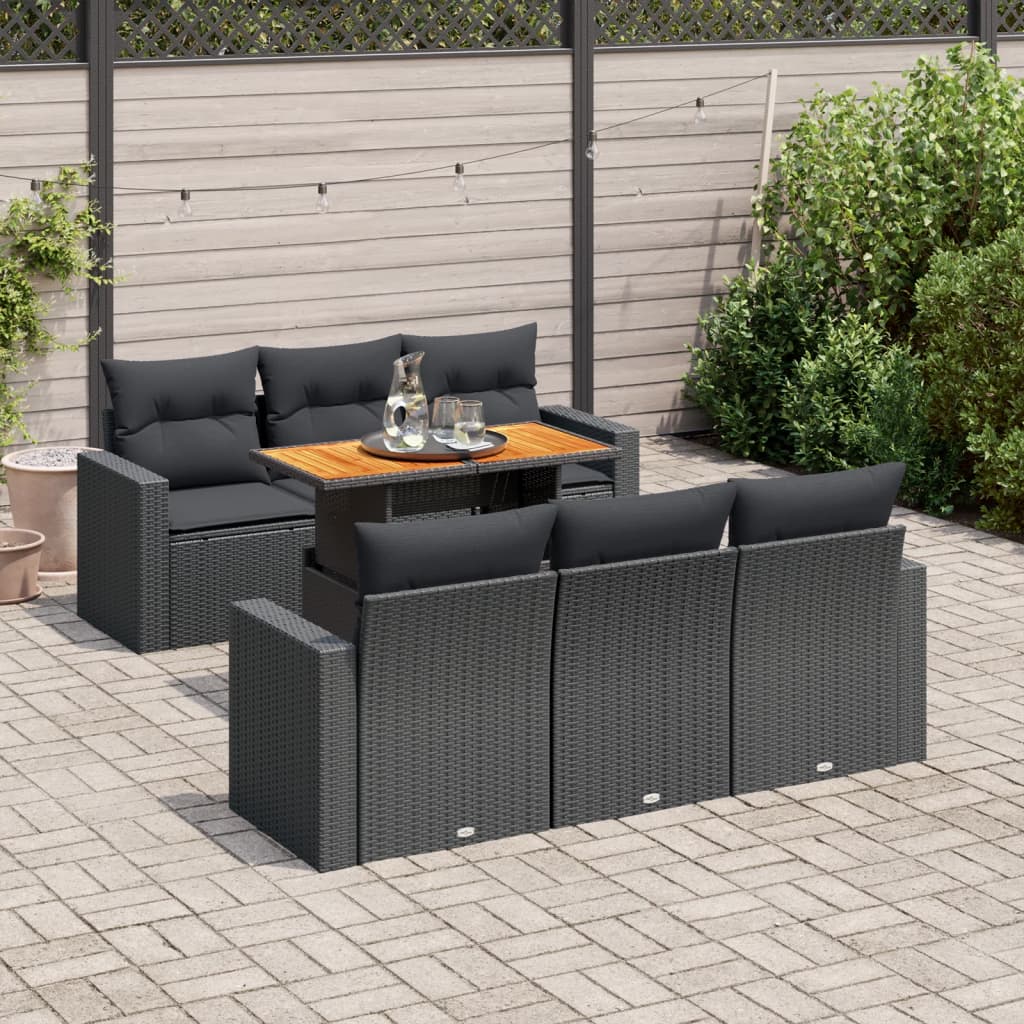 vidaXL 7-tlg. Garten-Sofagarnitur mit Kissen Schwarz Poly Rattan