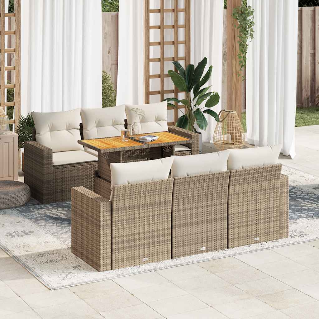 vidaXL 7-tlg. Garten-Sofagarnitur mit Kissen Beige Poly Rattan