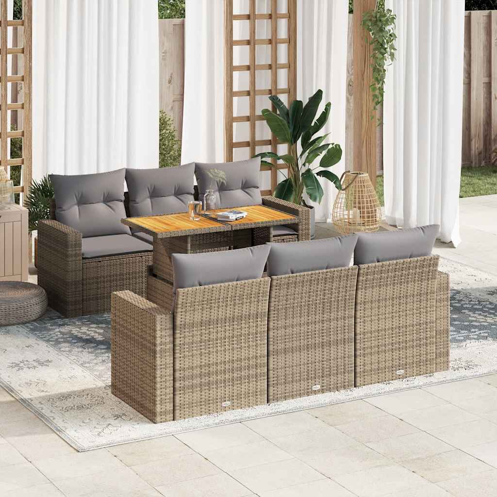 vidaXL 7-tlg. Garten-Sofagarnitur mit Kissen Beige Poly Rattan