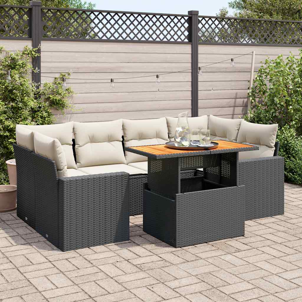 7-tlg. Garten-Sofagarnitur mit Kissen Schwarz Poly Rattan