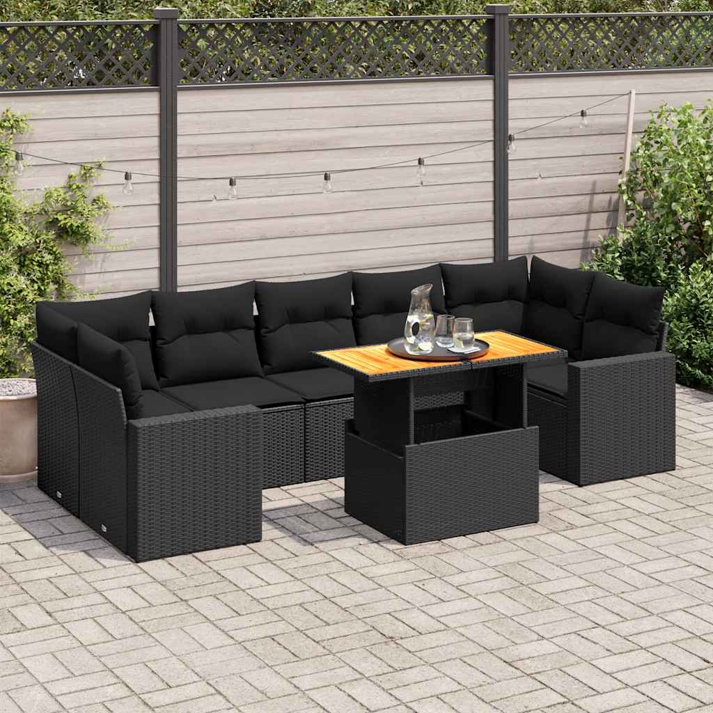 vidaXL 8-tlg. Garten-Sofagarnitur mit Kissen Schwarz Poly Rattan