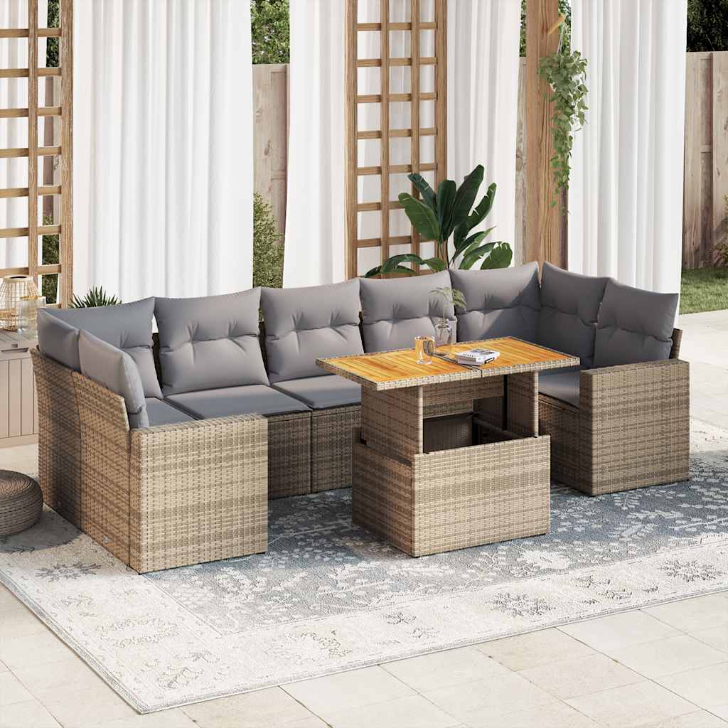 vidaXL 8-tlg. Garten-Sofagarnitur mit Kissen Beige Poly Rattan