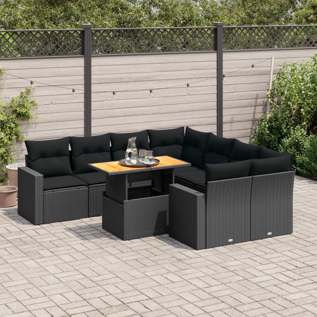 vidaXL 9-tlg. Garten-Sofagarnitur mit Kissen Schwarz Poly Rattan