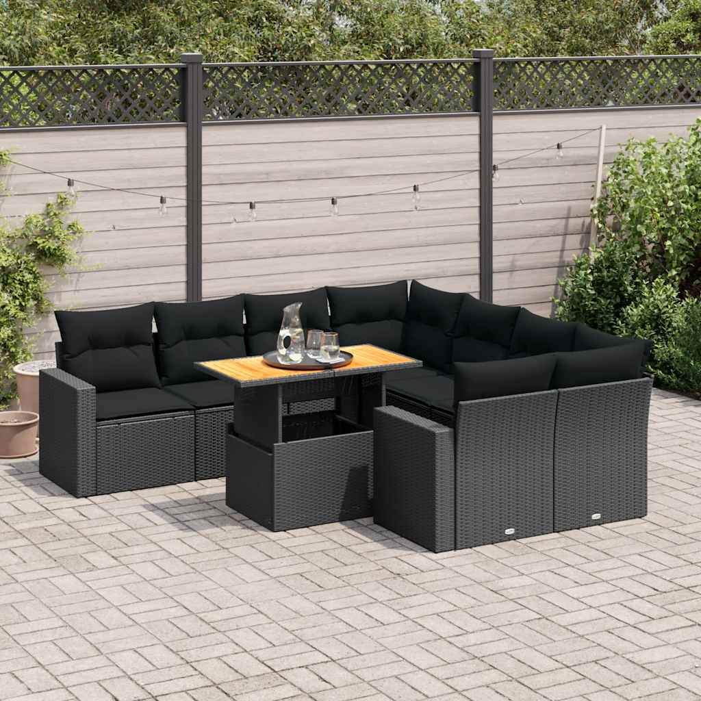 vidaXL Set mobilier de grădină cu perne, 9 piese, negru, poliratan