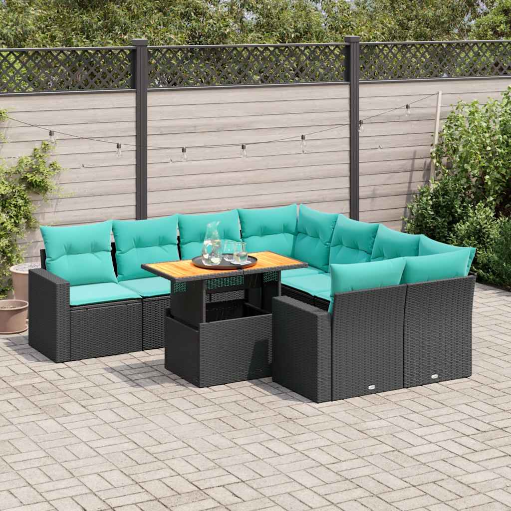 Havesofasæt i polyrattan - 9 dele med opbevaring og hynder, sort/blå