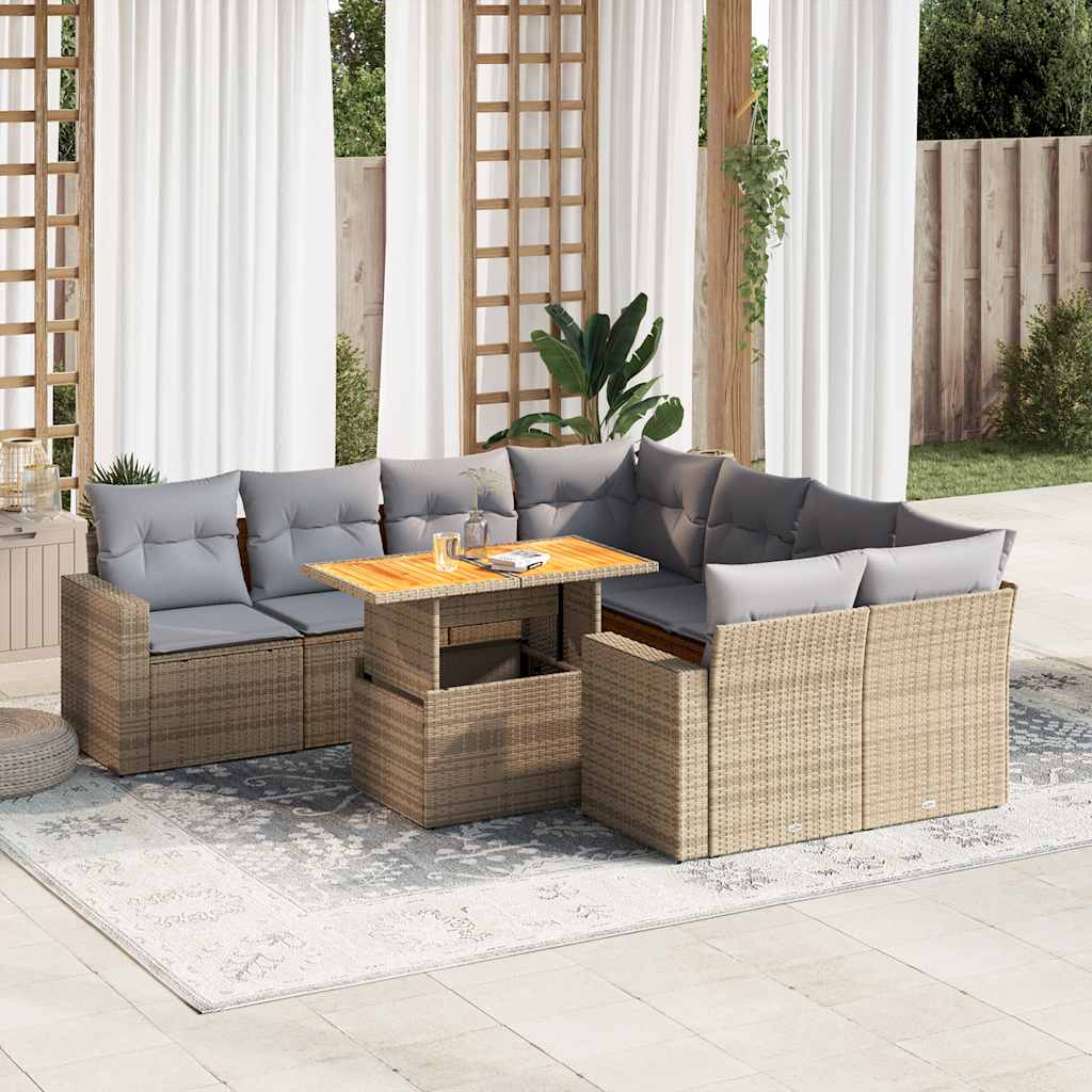 9-tlg. Garten-Sofagarnitur mit Kissen Beige Poly Rattan