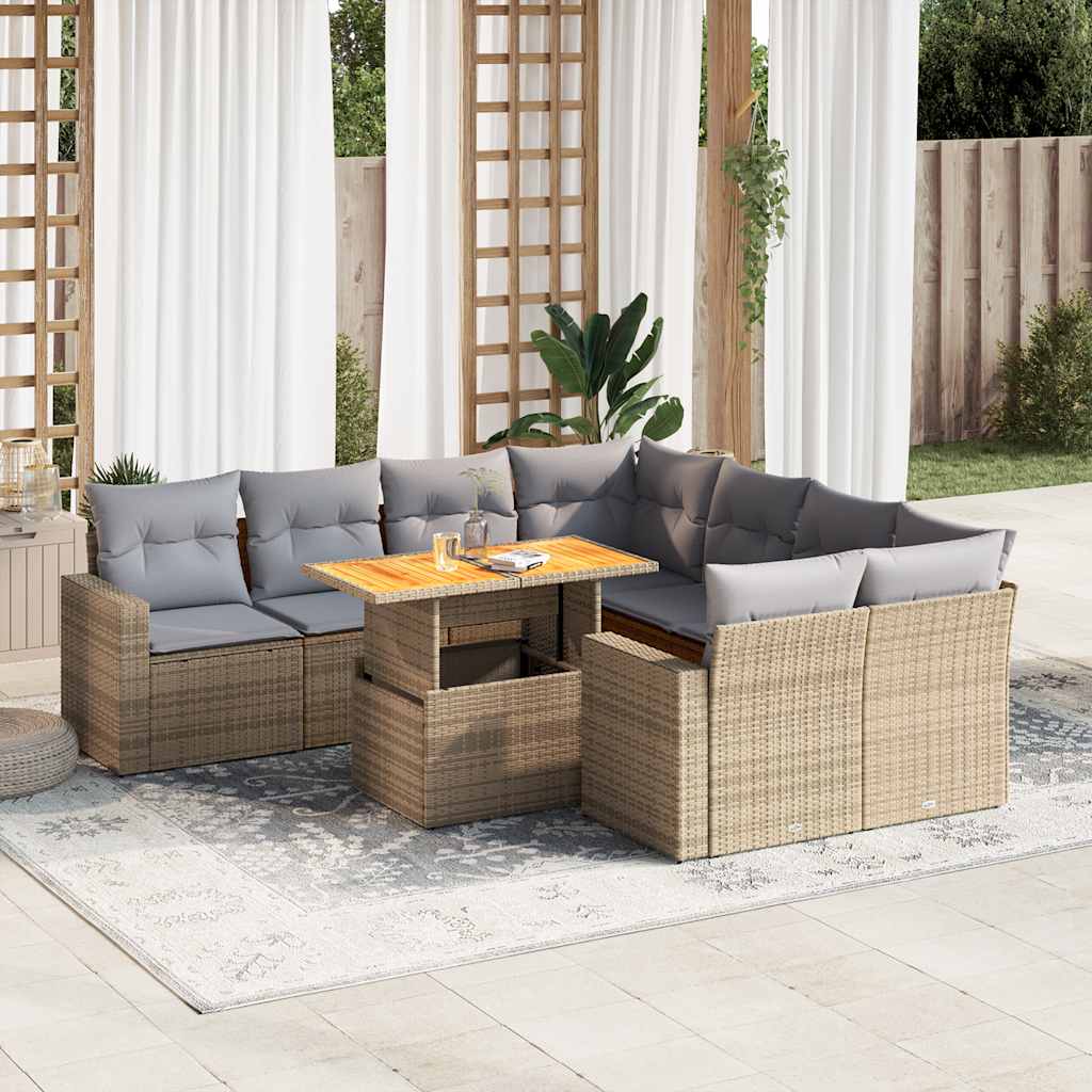 vidaXL Set canapele de grădină, 9 piese, cu perne, bej, poliratan
