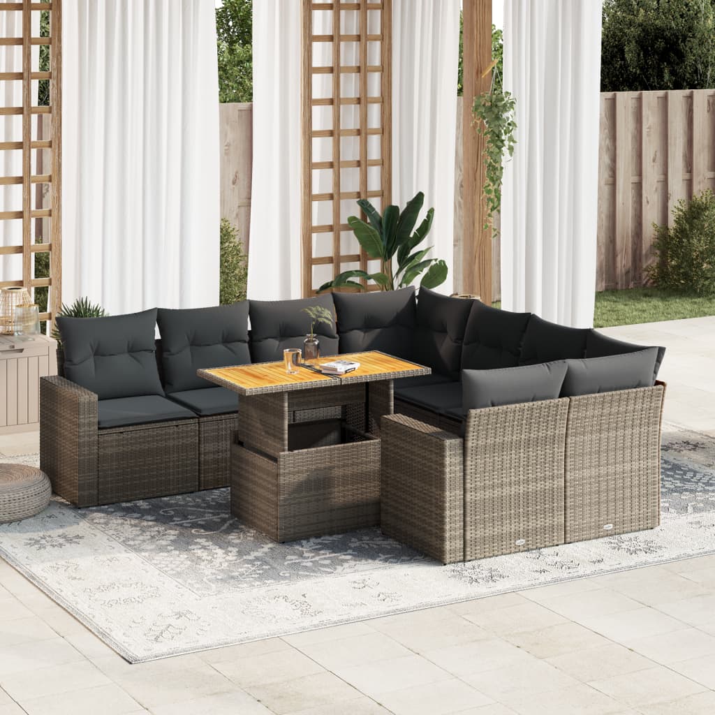 vidaXL 9-tlg. Garten-Sofagarnitur mit Kissen Grau Poly Rattan