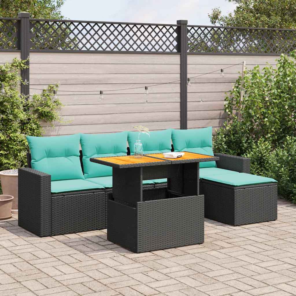 Sofasæt til haven 6 dele med hynder i polyrattan - sort/blå
