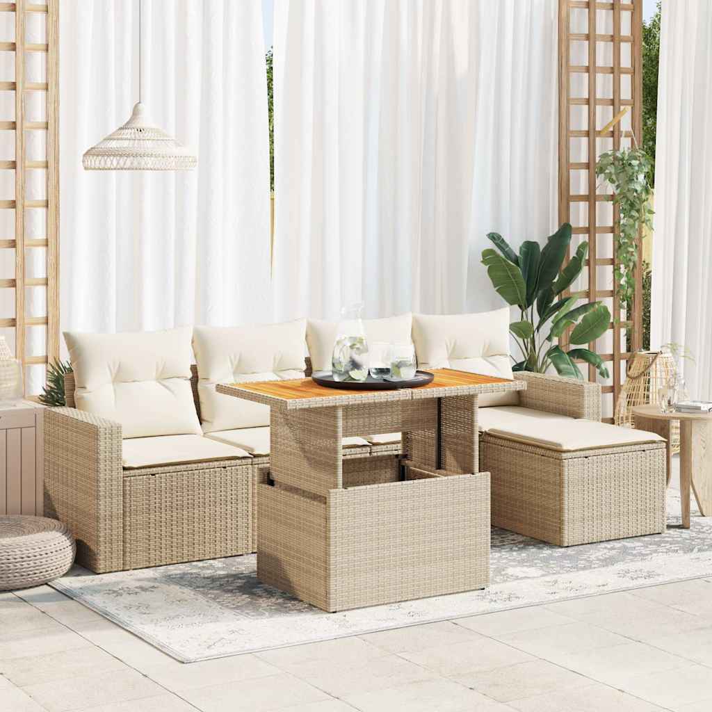 vidaXL 6-tlg. Garten-Sofagarnitur mit Kissen Beige Poly Rattan